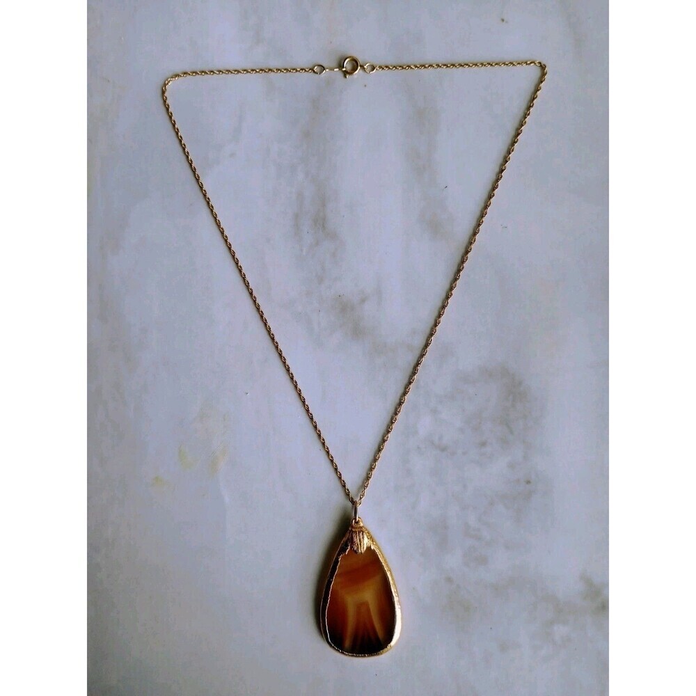 VTG Natural Banded Agate Slice Necklace 14k Gold Filled Stone Pendant Raw Quartz - Picture 3 of 8